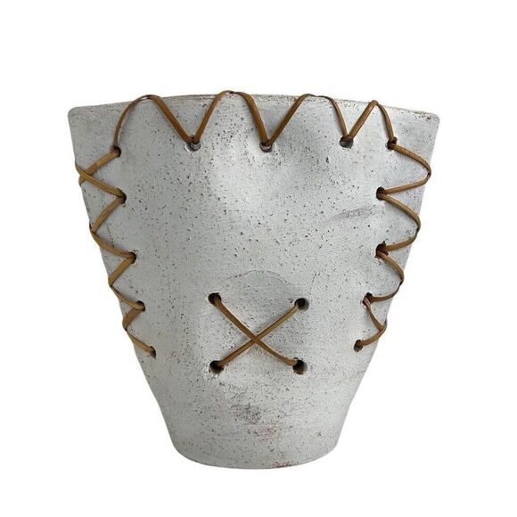 Vintage Minimalist Asian Pottery Vase 7 3/4" White Ceramic with Woven Rattan - Picture 6 of 10